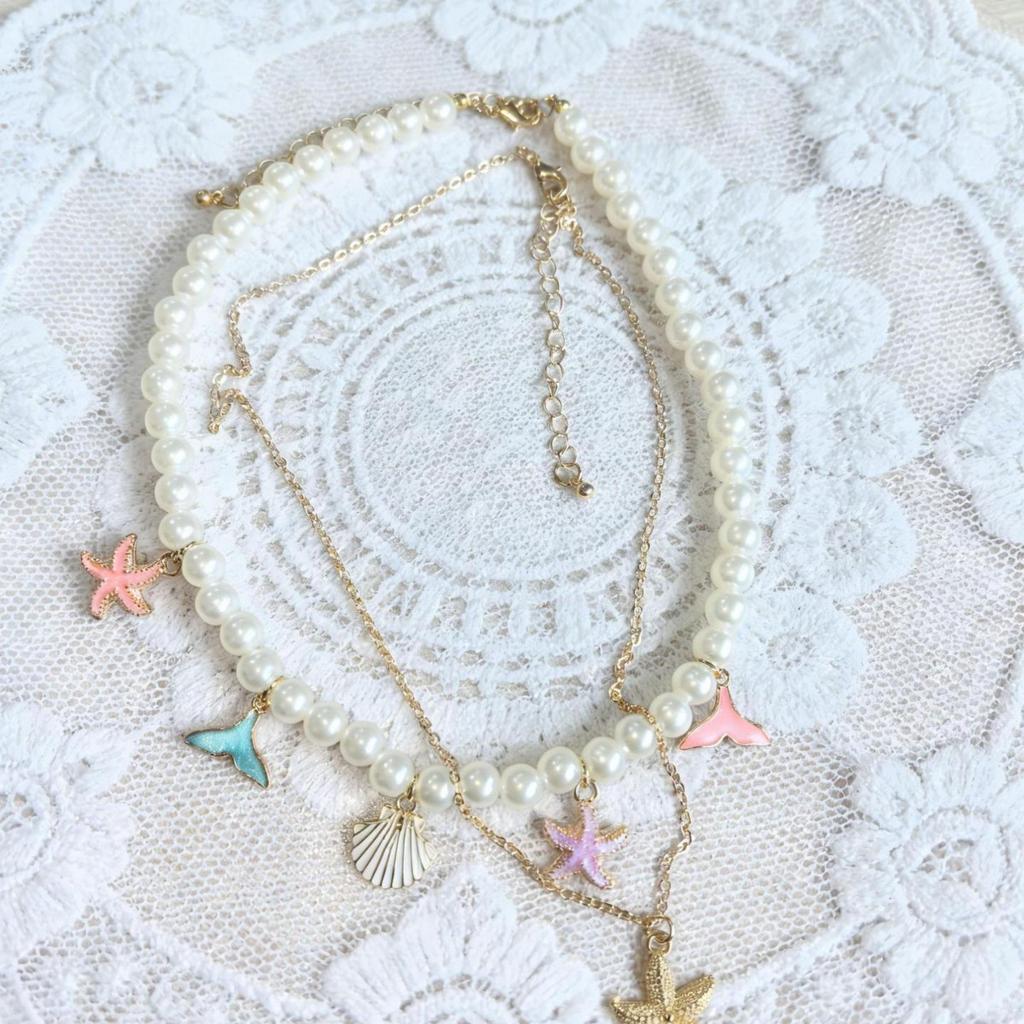 Vintage Vacation Style Starfish Shell Conch Necklace Niche Multi-Layer Stacked Collarbone Chain Spice Girl Neck Chain Accessories