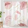 Pink Abstract Geometric Shower Curtain for Bathroom, Pink and Gold Leaf Boho Plant Shower Curtain with Hooks Modern Aesthetic