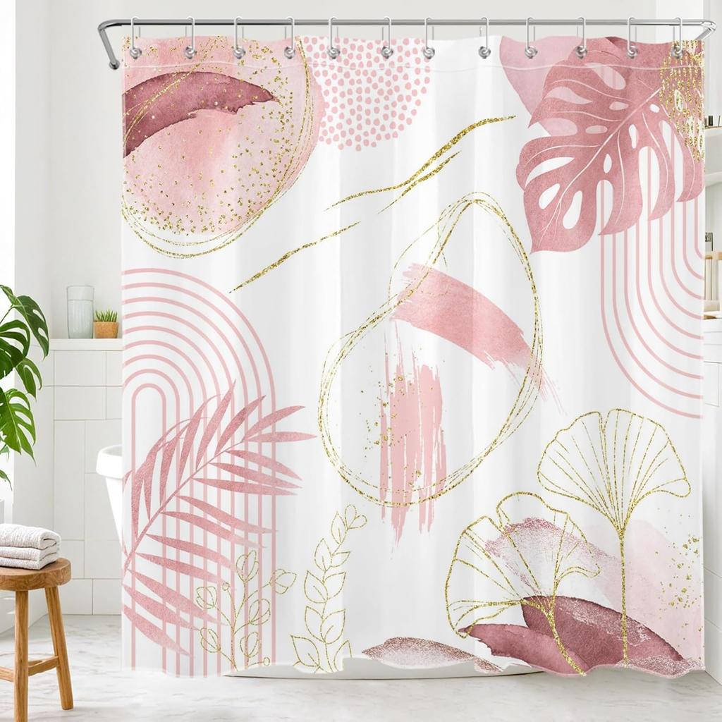 Pink Abstract Geometric Shower Curtain for Bathroom, Pink and Gold Leaf Boho Plant Shower Curtain with Hooks Modern Aesthetic