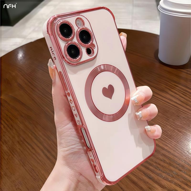 For iPhone Luxury Heart-shaped Magsafe Magnetic Plating Pattern Frame Phone Case For iPhone 11 12 13 14 15 16 Plus Pro Max Cover