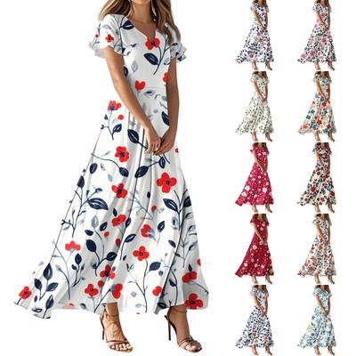Damen Sommer Casual Fashion Print Farbe Kleider V-Ausschnitt Kurzarm Kleider