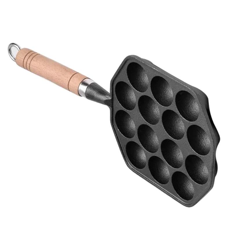 Oktopus-Fleischbällchen-Formhersteller Leicht zu reinigen 14 Löcher Takoyaki-Grillpfanne Gusseisen Verdickt Abnehmbarer Griff für die Küche