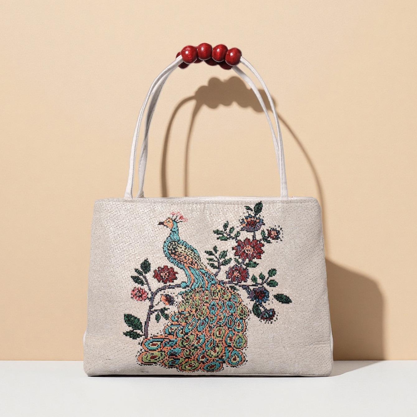 1Pc National Style Peacock Embroidered Canvas Handbag Women s Bag Antique Double-layer Wooden Bead Bag National Style Fabric Canvas Bag