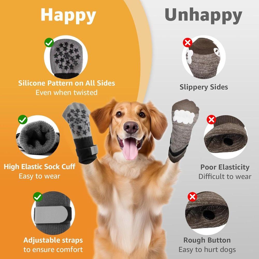 4pcs Anti-Slip Dog Socks Anti-Scratch Strong Grip Paw Protection Socks Adjustable Straps Anti-licking Pets Knitted Socks