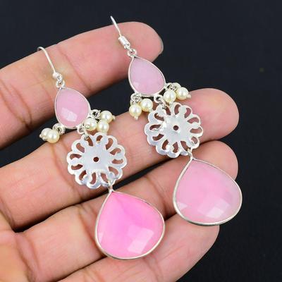 925 Sterling Silver Pink Chalcedony Stone Wife Dangle Birthday Earrings Jewelry