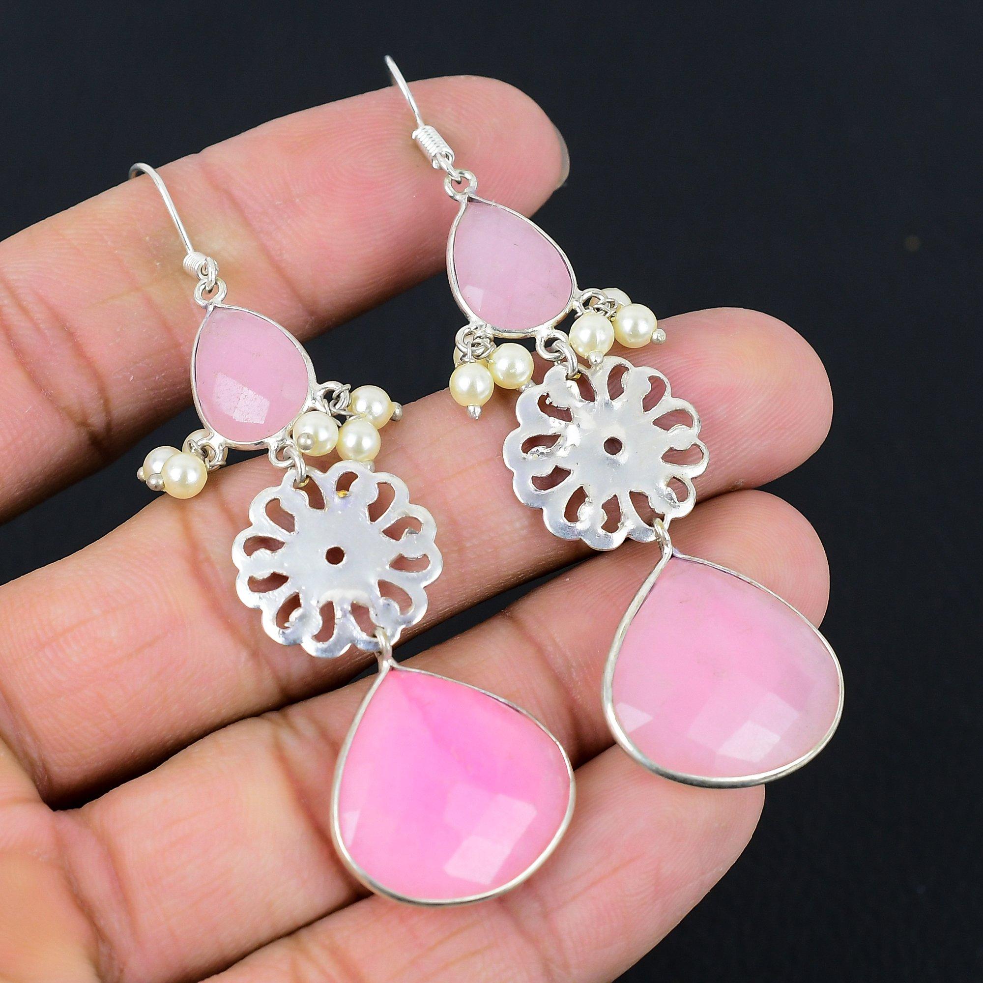 

925 Sterling Silver Pink Chalcedony Stone Wife Dangle Birthday Earrings Jewelry