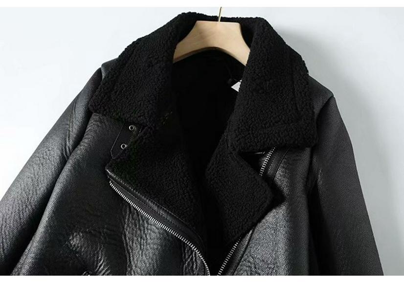 Women's Mid-length Lambswool Leather Motorcycle Jacket - European & American Winter Style