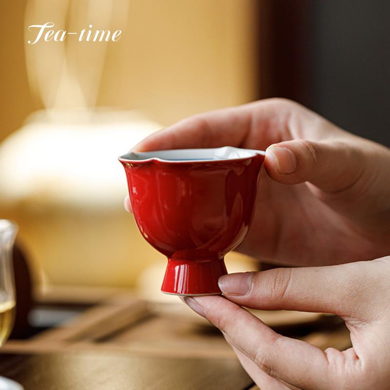 Hand Painted Double-Line Ceramic Tea Cup Forbidden City Red  Waist Tea Cups High-foot Teacups Mate Puera Unusual Porcelain Maker