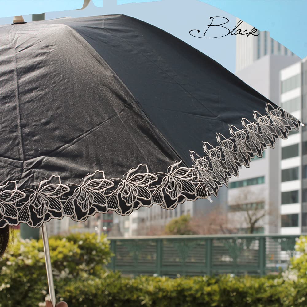 Nouvel Japonais Folding Suitable for Sun and UV Light Blocking Floral Broderie Parasol, Rain, Lightweight, Protection, 99.99% Rate, Glitter, (Black)