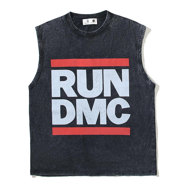 100% Cotton West Coast RUNDMC Rock Hip Hop Rap Print Washed Vintage Old Loose Vest Mens Tank Top