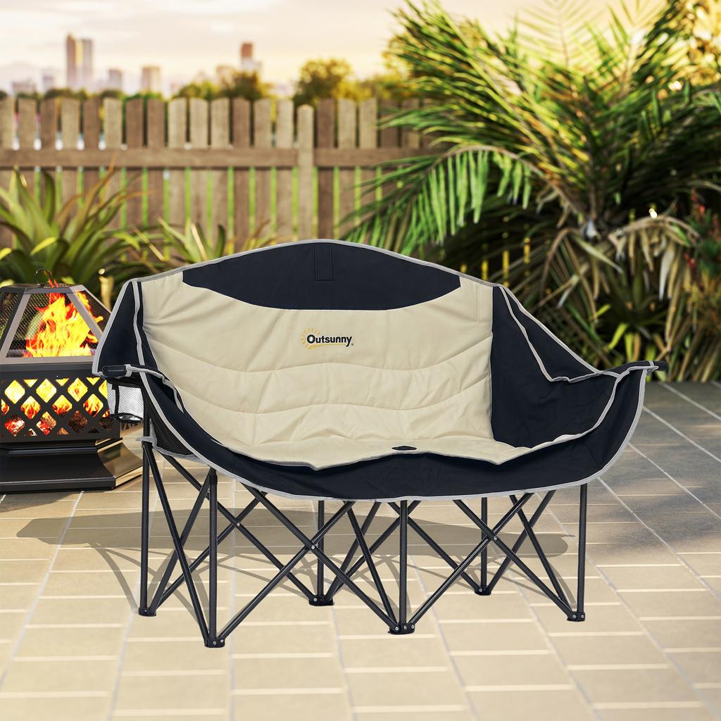 Folding Chair Foldable 2-Seater Camping Chair with Drink Holder Carry Bag Up To 250kg Load Capacity Khaki