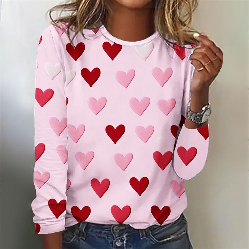 Spring and Autumn Round Neck 3D Love Heart Graphic Printed Top Fashionable Elegant Casual Long Sleeved Women's T-shirts