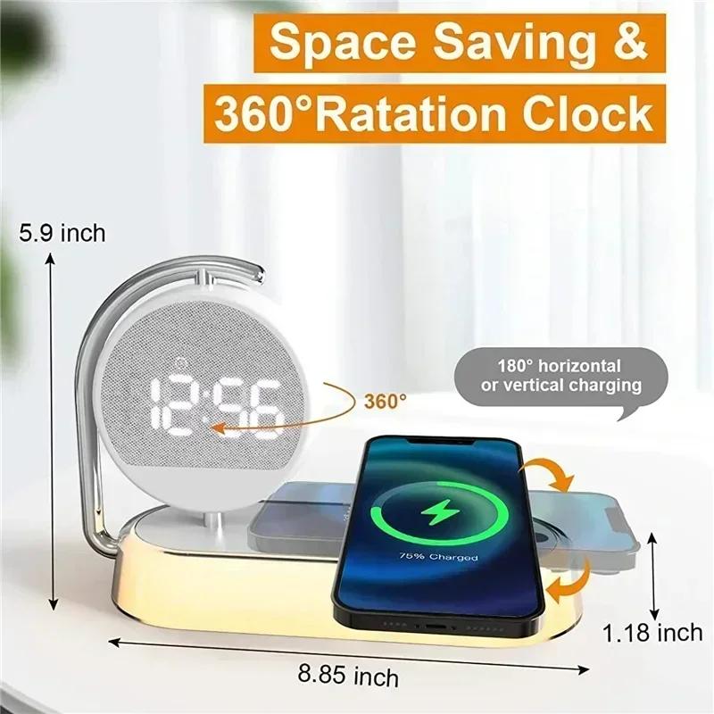 LED Night Light 3 Lights 360° Rotate Clock Alarm Clock Desktop Mobile Phone Wireless Charger for Bedroom Smart Phones Room Decor