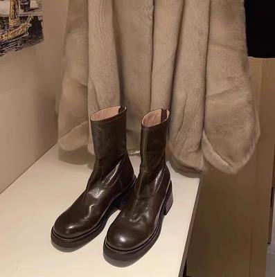 Washed Horse Skin Grape Mother, the Same Thick-soled Chelsea Thin Boots, Women's British Thick Heel Martin Boots, Autumn and Winter Short Boots