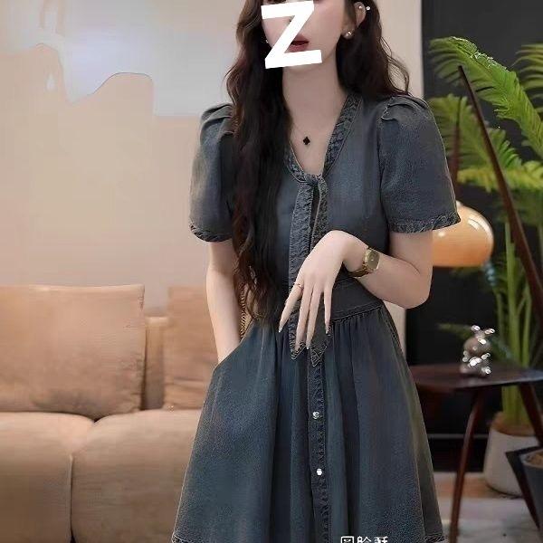 Summer new European Ruofeng French temperament thin denim dress women's high-end waist and thin skirt