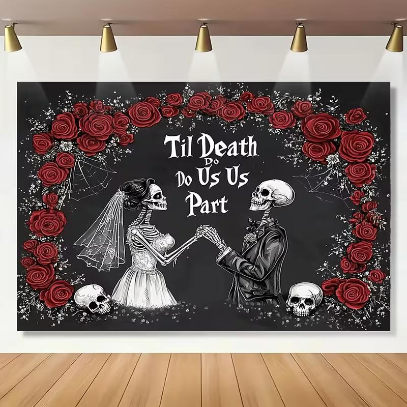 2D Spooky Halloween Wedding Banner Skeleton Bride and Groom Red Rose Photo Booth 47.2x31.5inch/120*80cm