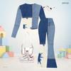 Girls Round Neck Long Sleeve Multi Color Printed Top And Flared Pants Two Piece Set