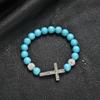 Unisex Stretchy Turquoise Bead Bracelet 10mm Stones Crucifix Symbol Adjustable Spiritual Wrist Accessory for Women Men