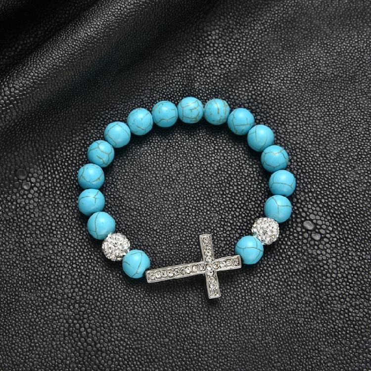 Unisex Stretchy Turquoise Bead Bracelet 10mm Stones Crucifix Symbol Adjustable Spiritual Wrist Accessory for Women Men