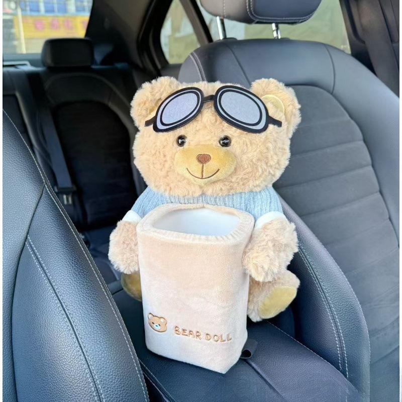 2 in 1 Cute Bear Car Tissue Box & Waste Bin Multifunctional Armrest Storage for Small Auto Accessories