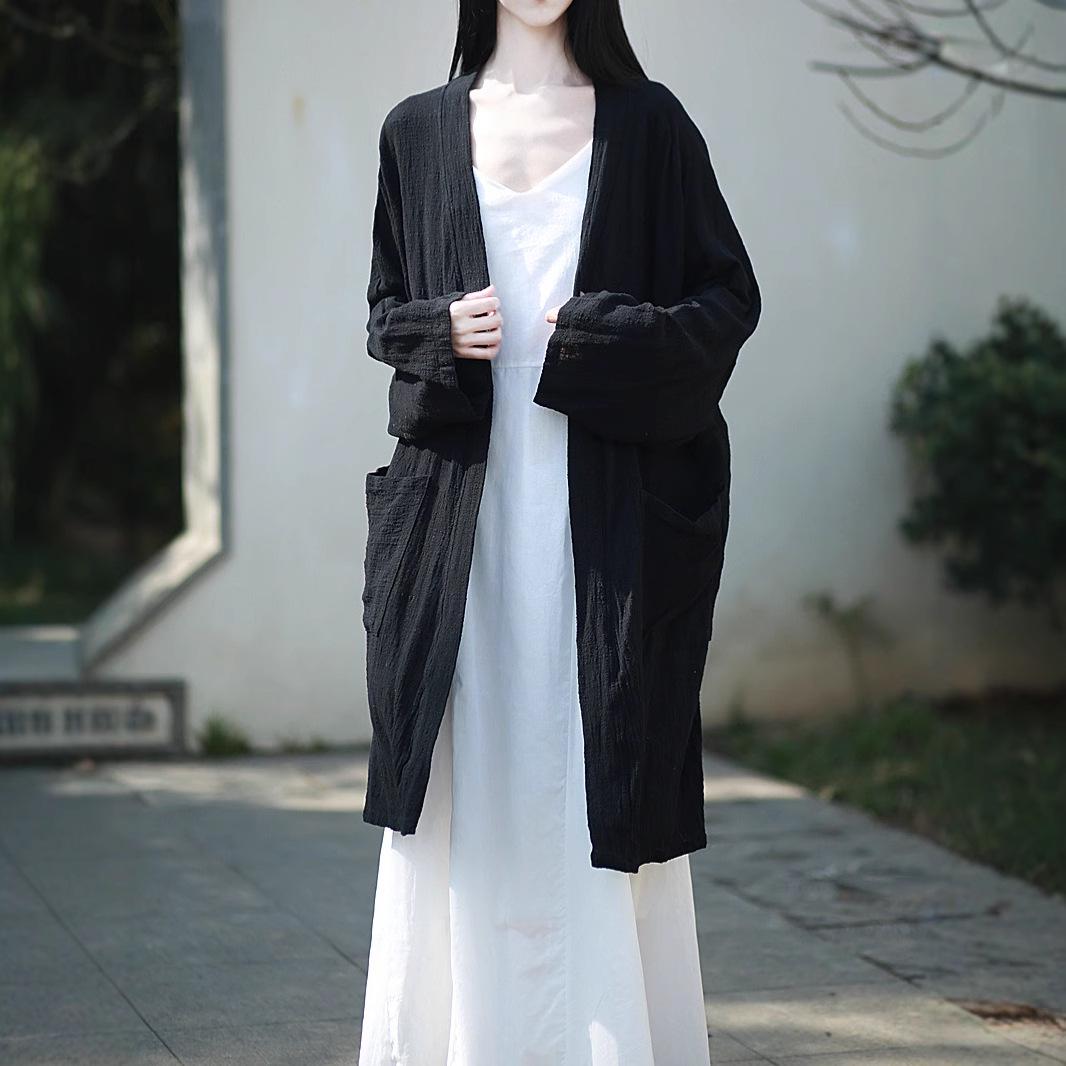 

Кардиган из хлопка и льна в стиле дзен - Защита от солнца весной/летом One Size чёрный