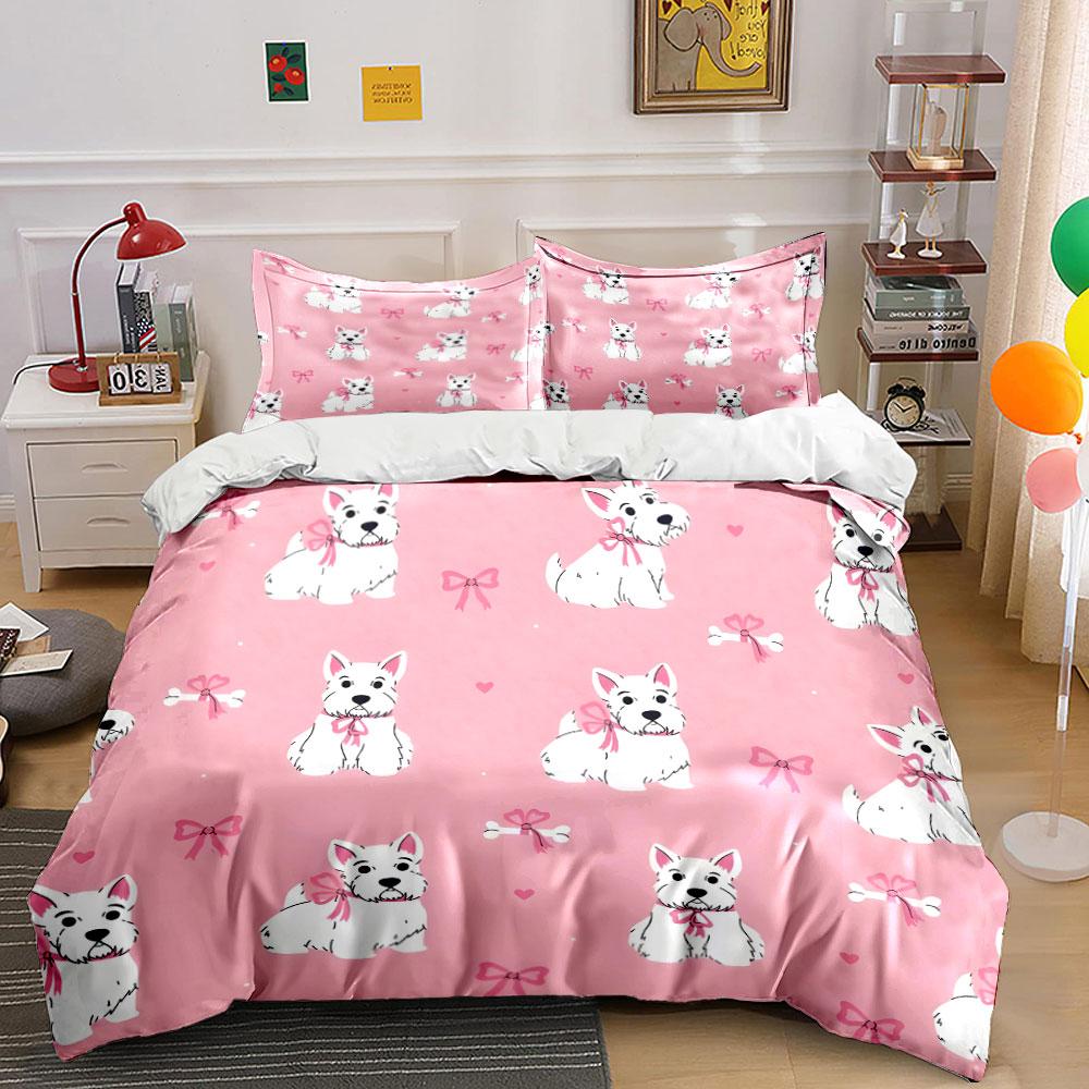 Cute White Dogs with Pink Bows Bedding Duvet Cover Set (1*Duvet Cover 2*Pillowcases, Without Duvet Insert)