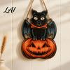 Festive Wooden Wall Hanging Halloween Door Sign Black Cat Bat Pumpkin Plaque with Rustic Sign Jute Rope Farmhouse Front Porch Indoor Outdoor