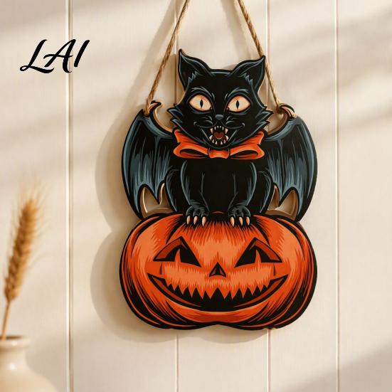 Festive Wooden Wall Hanging Halloween Door Sign Black Cat Bat Pumpkin Plaque with Rustic Sign Jute Rope Farmhouse Front Porch Indoor Outdoor