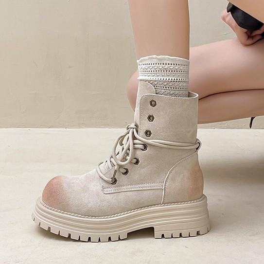 Retro dicksohlige, polierte, schlichte Martin-Stiefel für Damen, Herbst- und Wintermode, vielseitige kurze Stiefel aus Wildleder