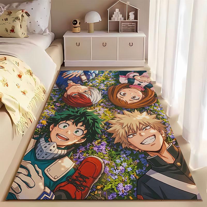 Anime Characters On Floral Carpet Suitable As a Non-slip Mat for the Living Room or Bedroom Sofa