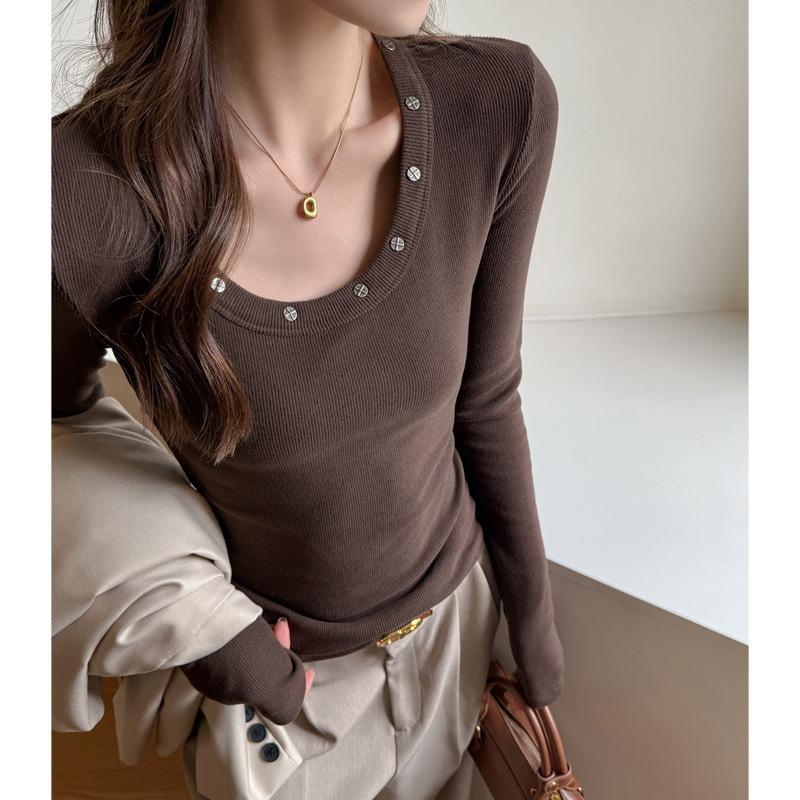 

Carefully Selected Rivet Round Neck Long-sleeved Women s Autumn Design Niche Inner Wear Slim-fitting Bottoming Shirt Top L коричневий