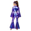 Girls Metallic Disco Jumpsuit Split Flare Legs Long Bell Sleeves Mock Neck Back Invisible Zipper Bodysuit with Matching Headband for Theme Party