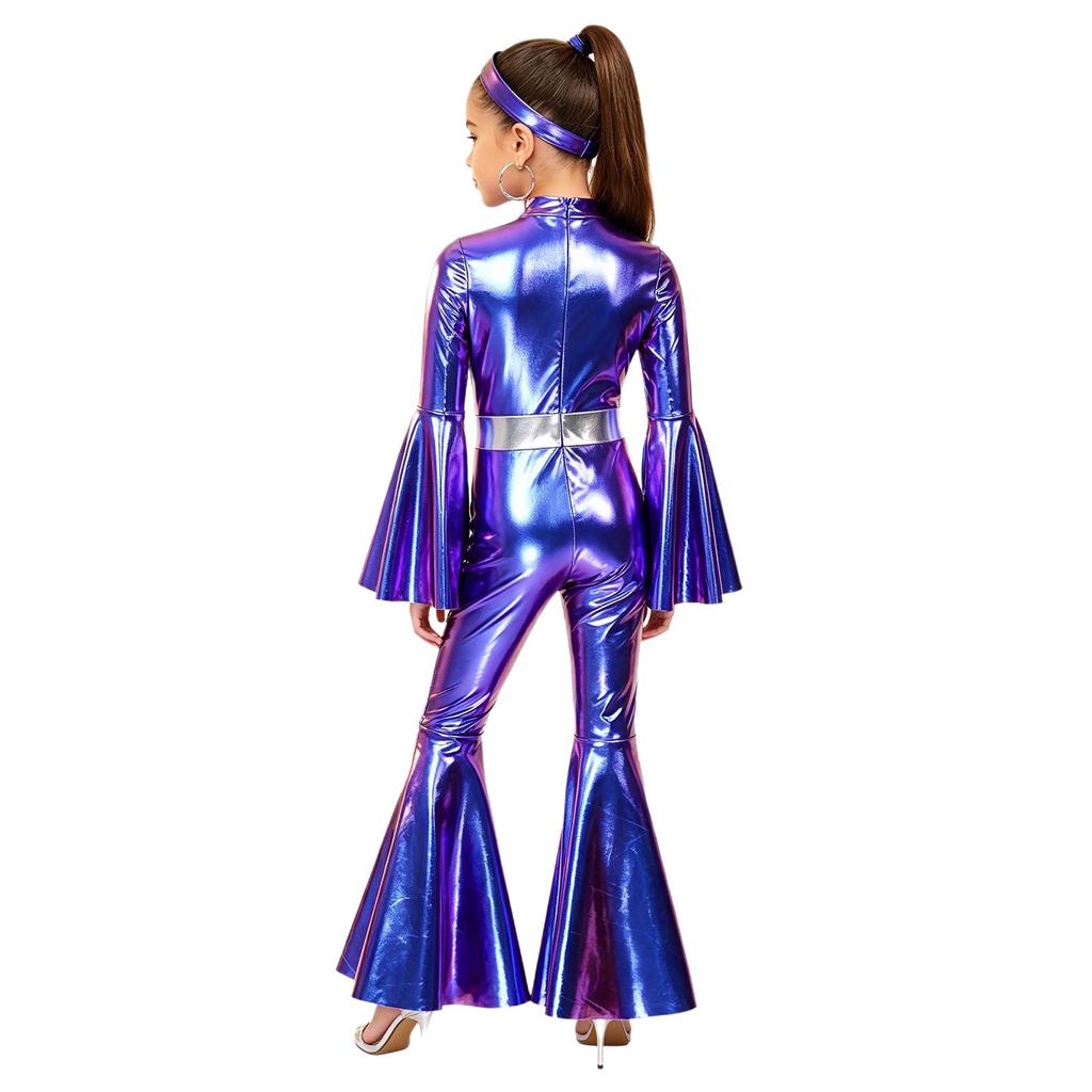 Girls Metallic Disco Jumpsuit Split Flare Legs Long Bell Sleeves Mock Neck Back Invisible Zipper Bodysuit with Matching Headband for Theme Party