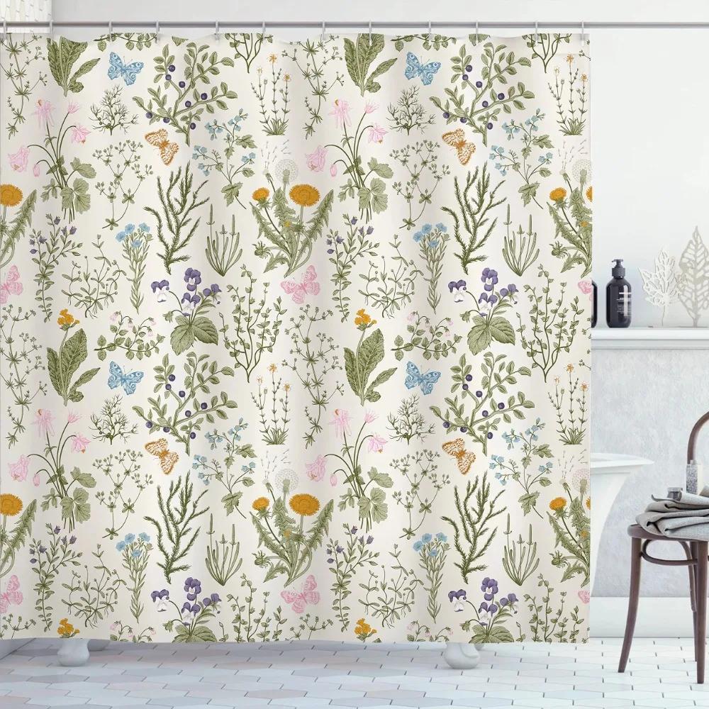 Vintage Garden Art Floral Shower Curtain, Heavy Weight Fabric, Washable Bath Curtains For Bathroom
