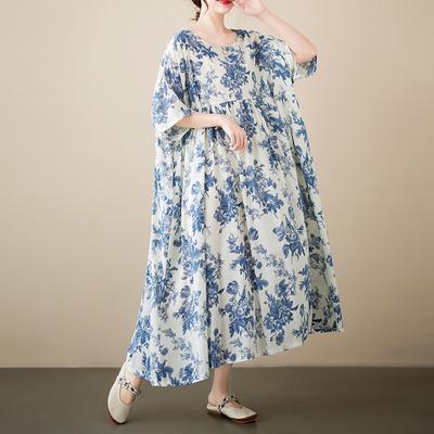 Plus Size Women's Bohemian Summer Loose Short Sleeve Dress Casual Flower Printed Dresses
