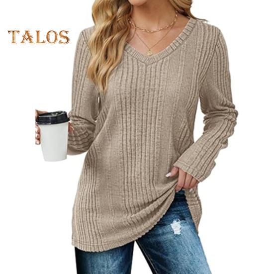 Women Tunic Sweater V-Neck Long Sleeve Solid Color Ribbed Casual Tops Slim Fit Knitted Loose Fit Fall Tops