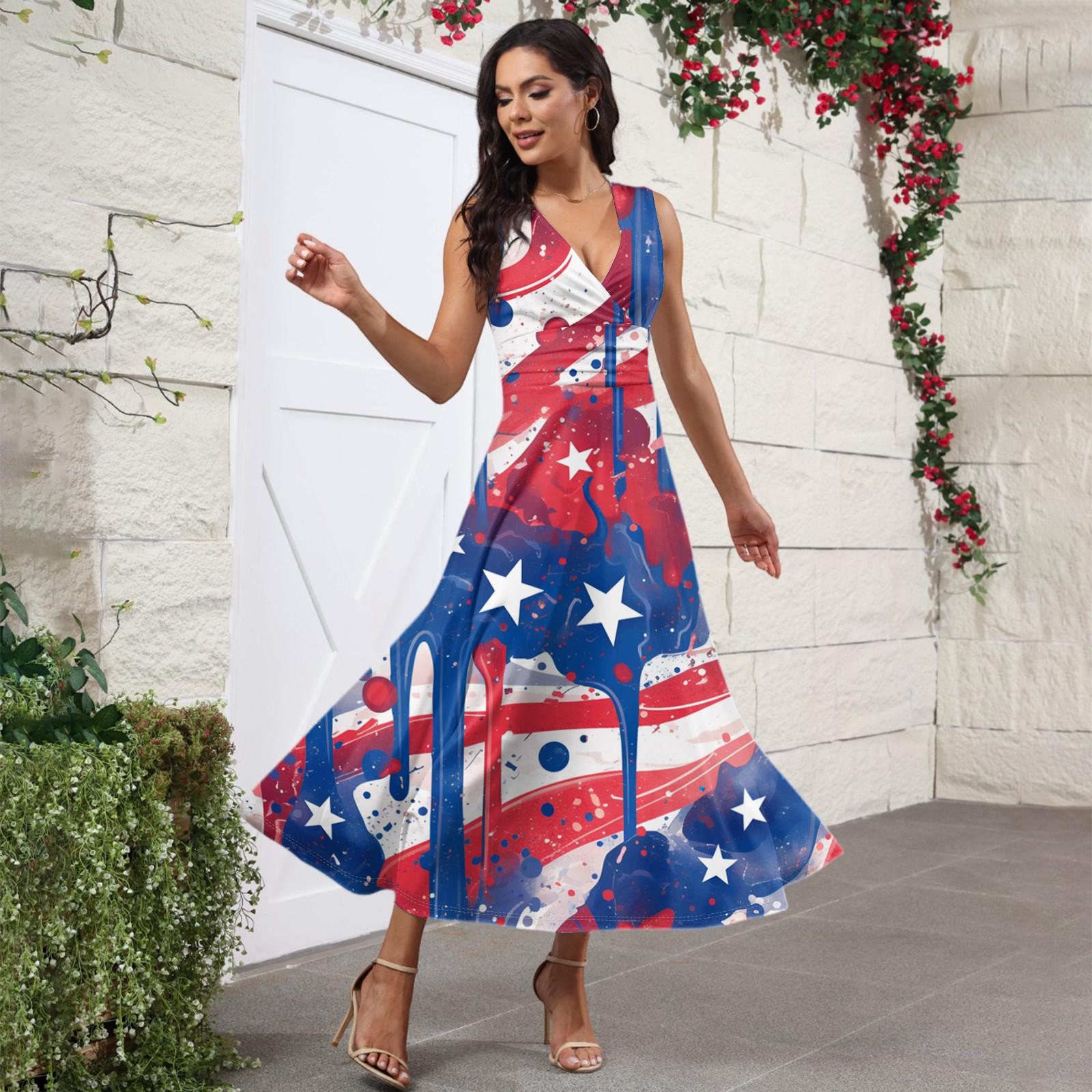 

Women s Casual And Fashionable Independence Day Printed V-Neck Sleeveless Dress Dress S червоний