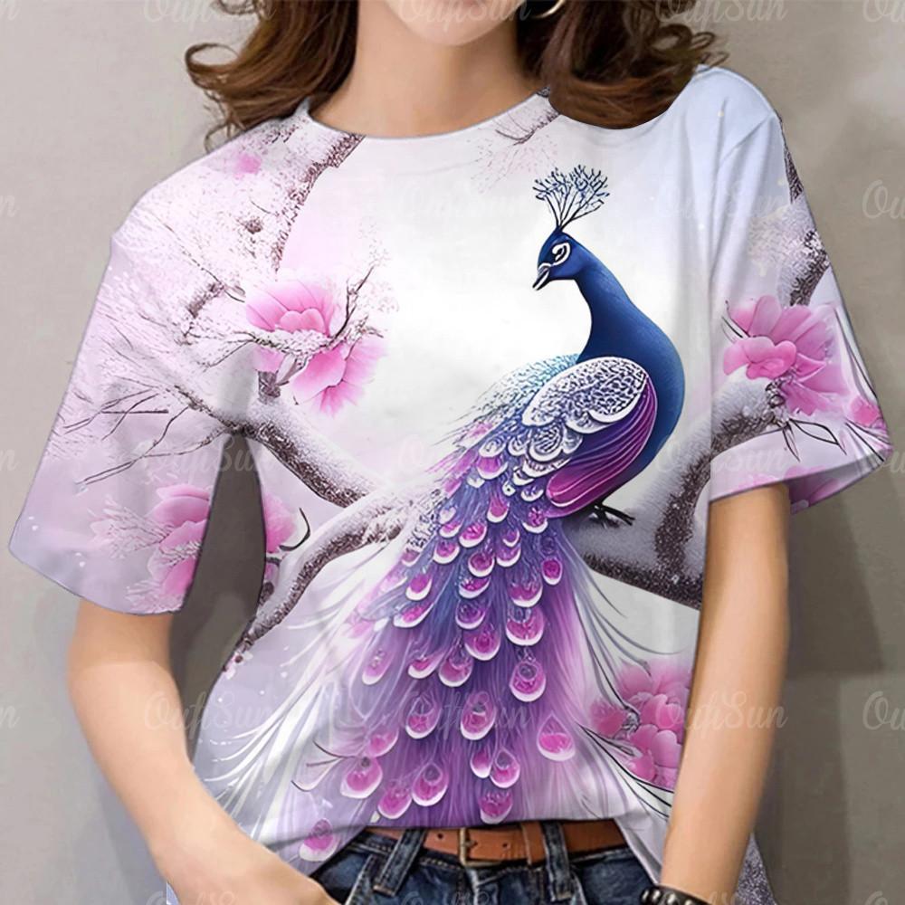 Women s clothing peacock pattern T-shirt top printed T-shirt short sleeved casual T-shirt XXS