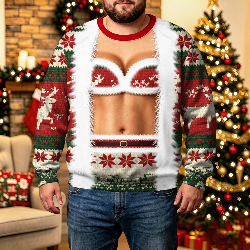 Felpa da uomo con girocollo natalizia a maniche lunghe, maglione casual per le vacanze invernali