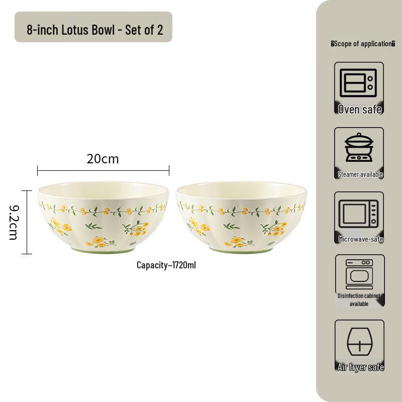 KANGMO 8-inch Ceramic Double-Handle Lotus Bowl Set