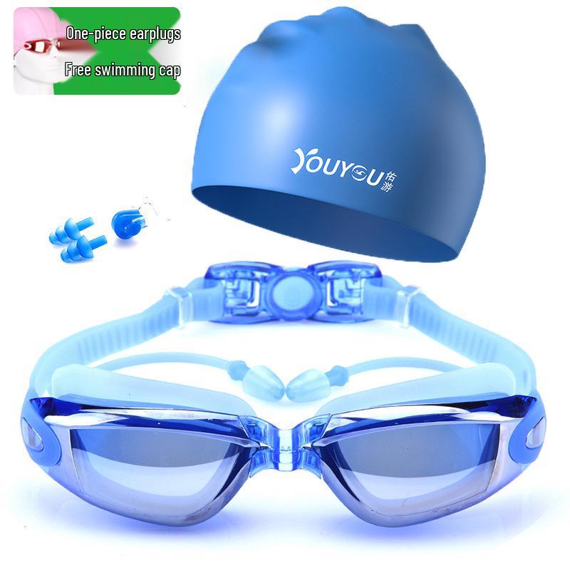 Youyou Anti-Fog HD Waterproof Swimming Goggles & Cap Set for Men and Women - Fashionable Adult Eye Protection.