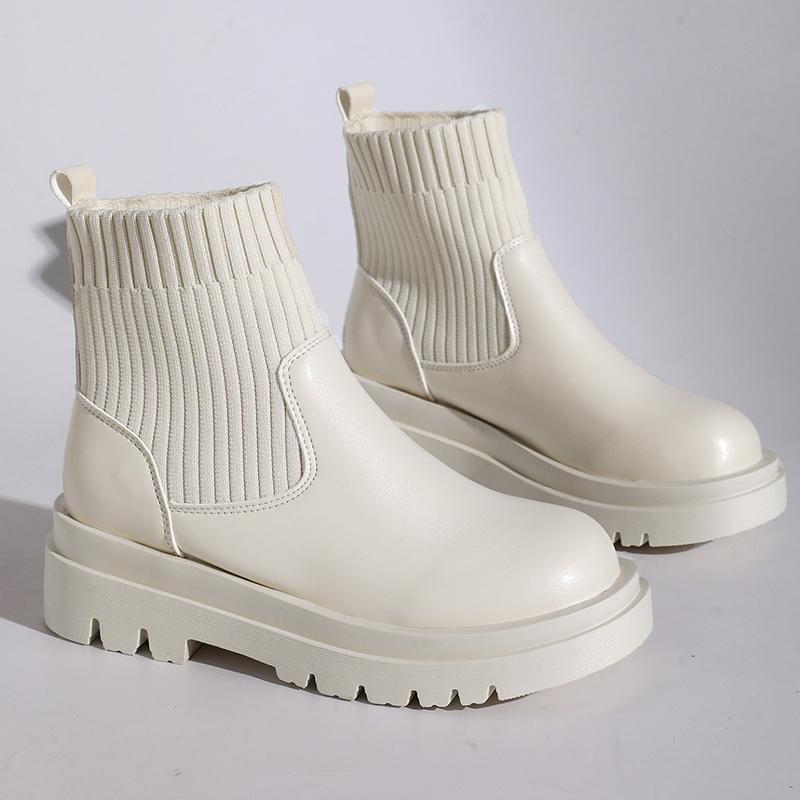 Fashion Women's Slip-On Chunky Platform Boots Knitted Patchwork Pu Leather Thick Sole Boots Woman Comfy Non Slip Chelsea Botas Mujer