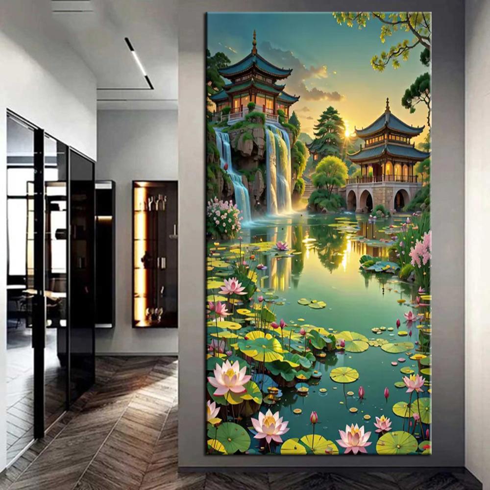 Full Drill Handmade DIY Lotus Courtyard Landscape Diamond Painting Kit Cross Stitch Embroidery Diamond Mosaic Home Decoration j3859