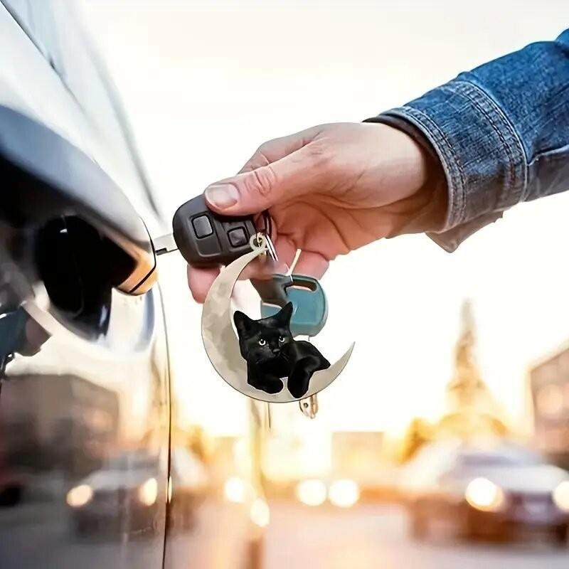 Delightful Moon Acrylic Black Cat Car Charm Unique Keyring Decoration For Bags And Cars