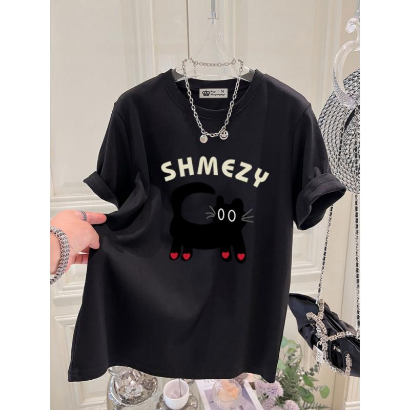 Cartoon Cat Top New Summer Korean Version Love Letters Large Version Loose Gray Short-sleeved T-shirt for Women