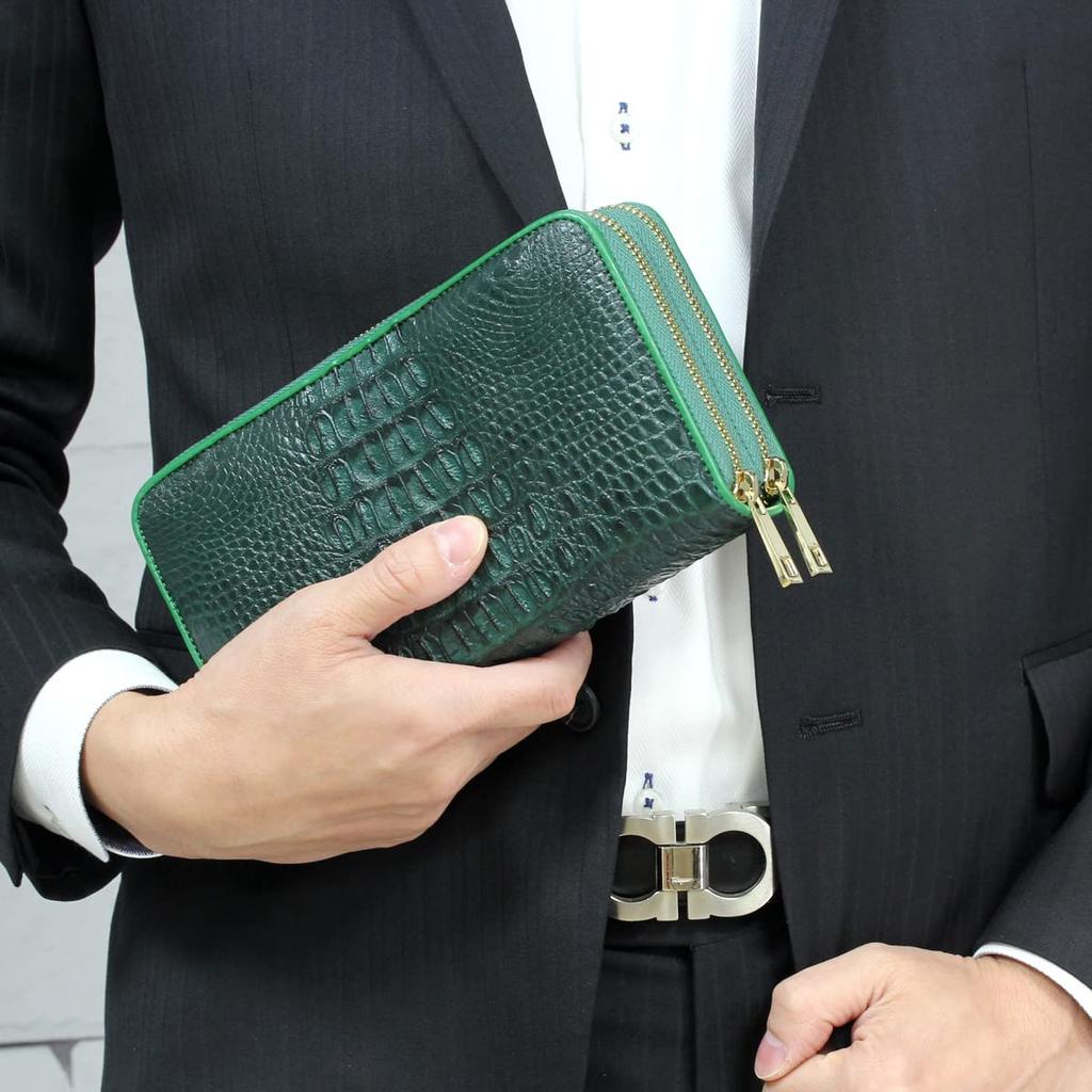 [Revetta] Crocodile Leather Long Wallet, Large Capacity, 40 Card Slots, Men's Wallet, Green, Double Round Zipper, Genuine Leather, Single Piece Leathe