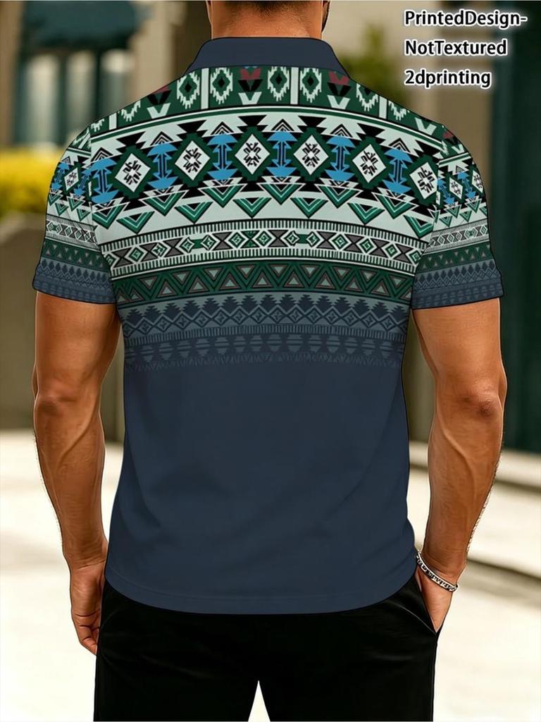Men's Outdoor Polo Shirt, Ethnic Geometric Pattern, Polyester Fabric, Mixed Color, Multiple Sizes Available, Suitable for Hiking & Outdoor Leisure,