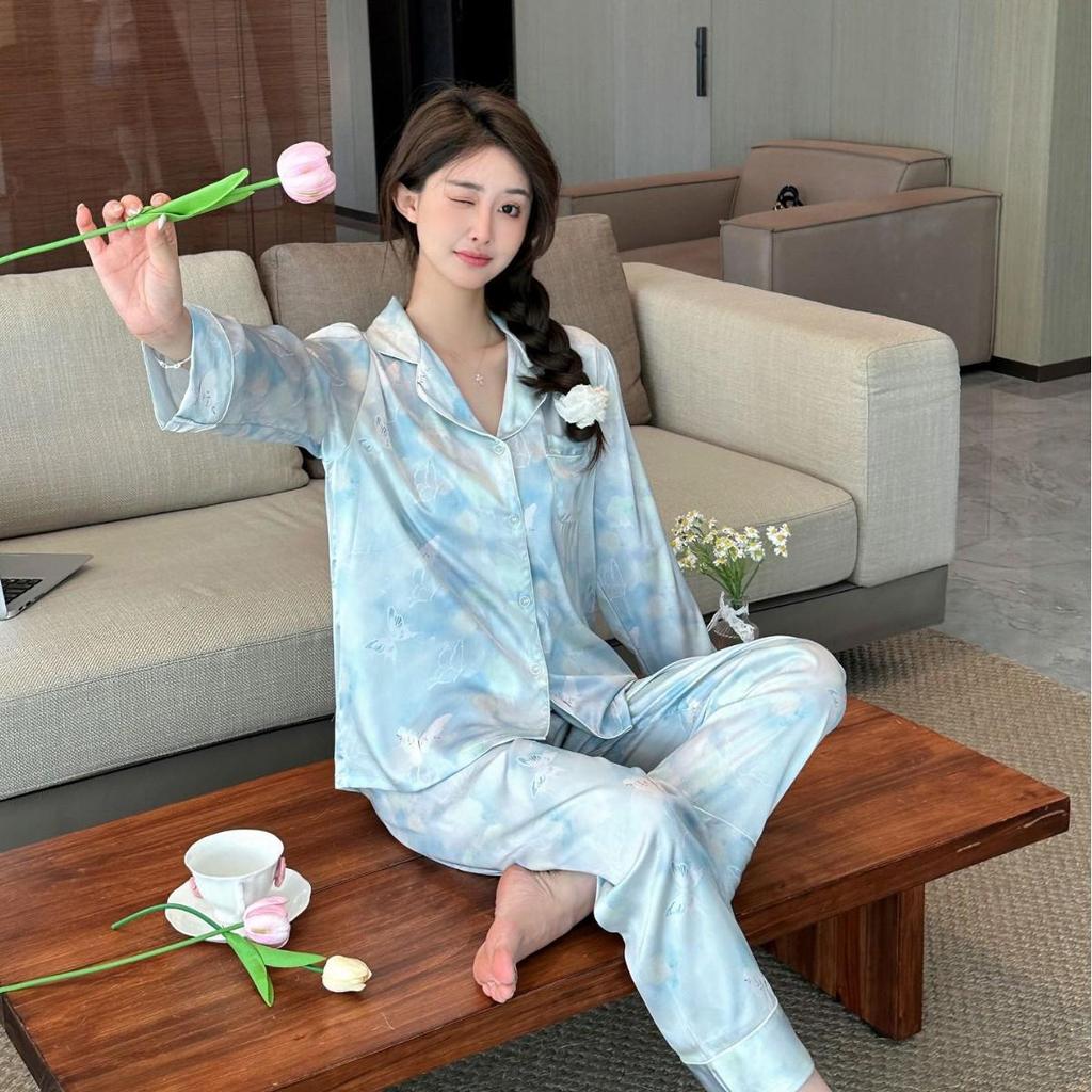 2025 Women's Ice Silk Tie-Dye Butterfly Pajama Set: Long Sleeve Top & Pants