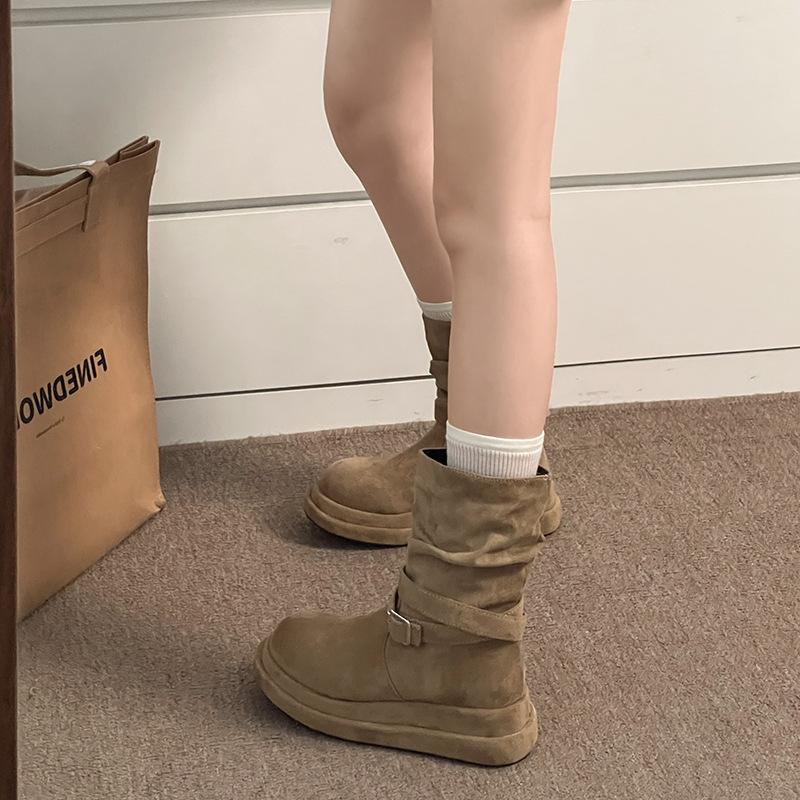 

Niche medium boots women s autumn and winter new heightened thick-soled Martin boots pleated suede fashion boots western cowboy boots 35 хаки