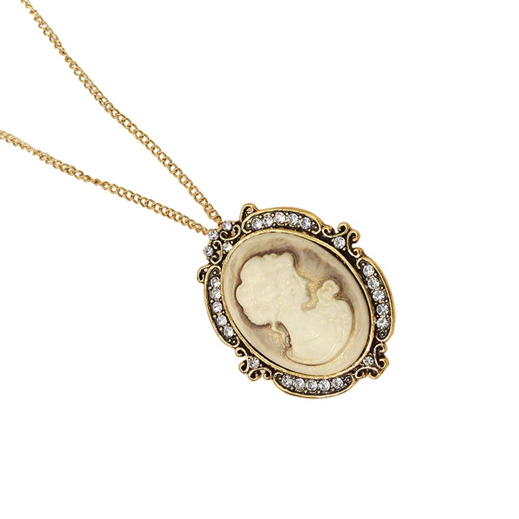 Oval Cameo Pendant Necklace with Crystal Rhinestones Handmade Vintage Jewelry Accessory Stylish Outfit Enhancer